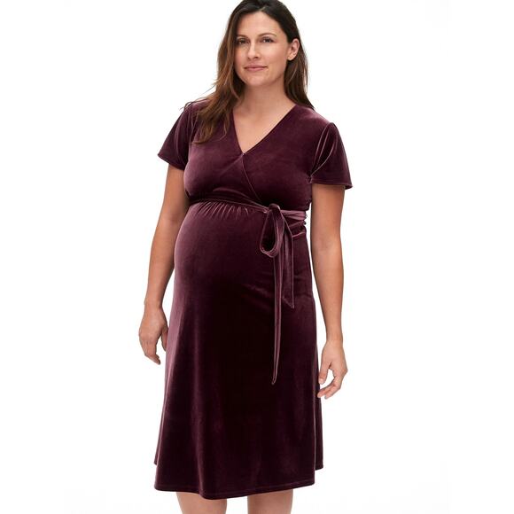 GAP Dresses & Skirts - Gap Velvet Faux Wrap Matnerity Dress Small Vamp Red Tie Waist Fall Short Sleeve